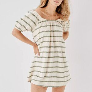 American Eagle S‎ Cream Green Striped Cotton Knit Beachy Puff Sleeve Mini Dress